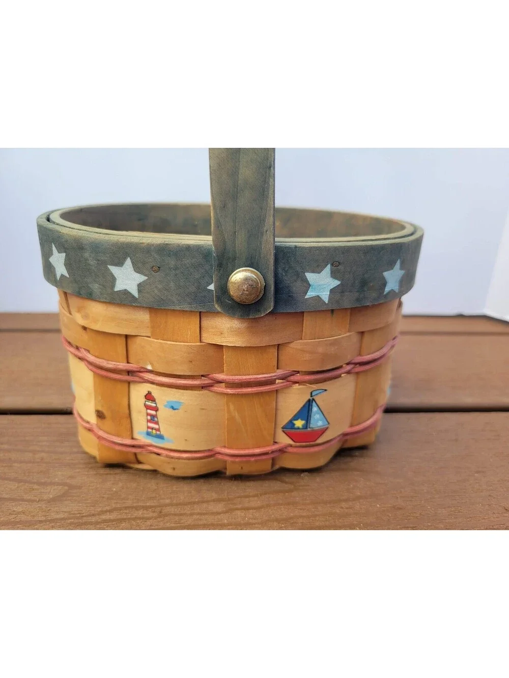 Wicker Small Basket Nautical Lighthouse Sailboat Blue Star Rim Americana Decor